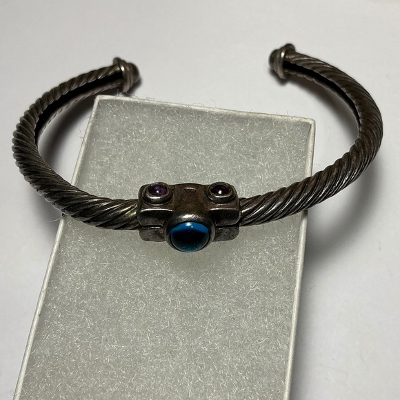 Sterling Silver Open Cable Cuff Bracelet with Blue Topaz Stones. 2 3/8” across - Picture 1 of 7